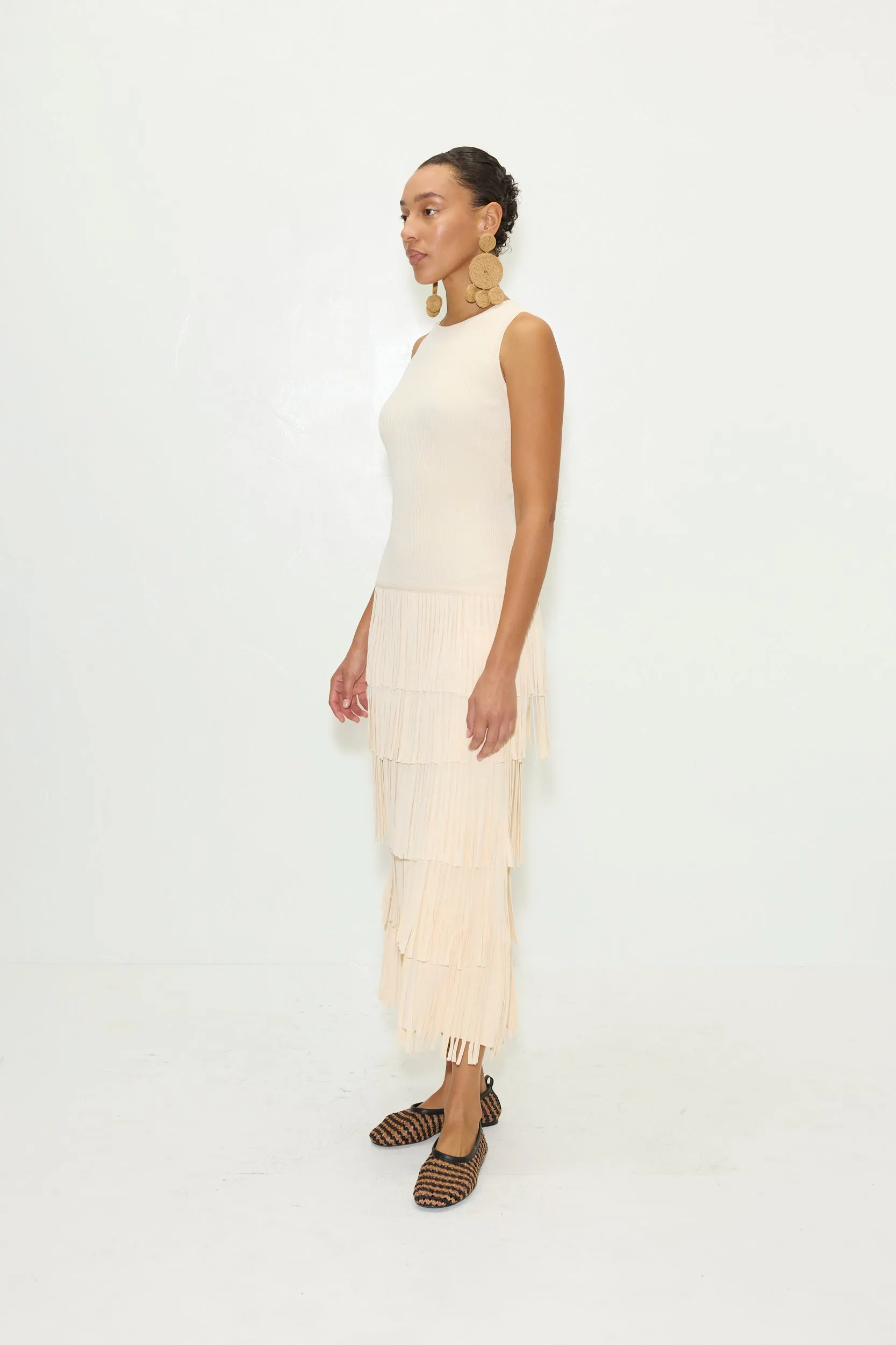 Za Za Sleeveless Knit Fringe Dress in Ivory sold by Simon Miller product image thumbnail 3