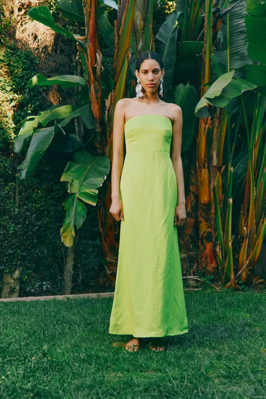 Sculpty Strapless Satin Dress in Lime sold by Simon Miller