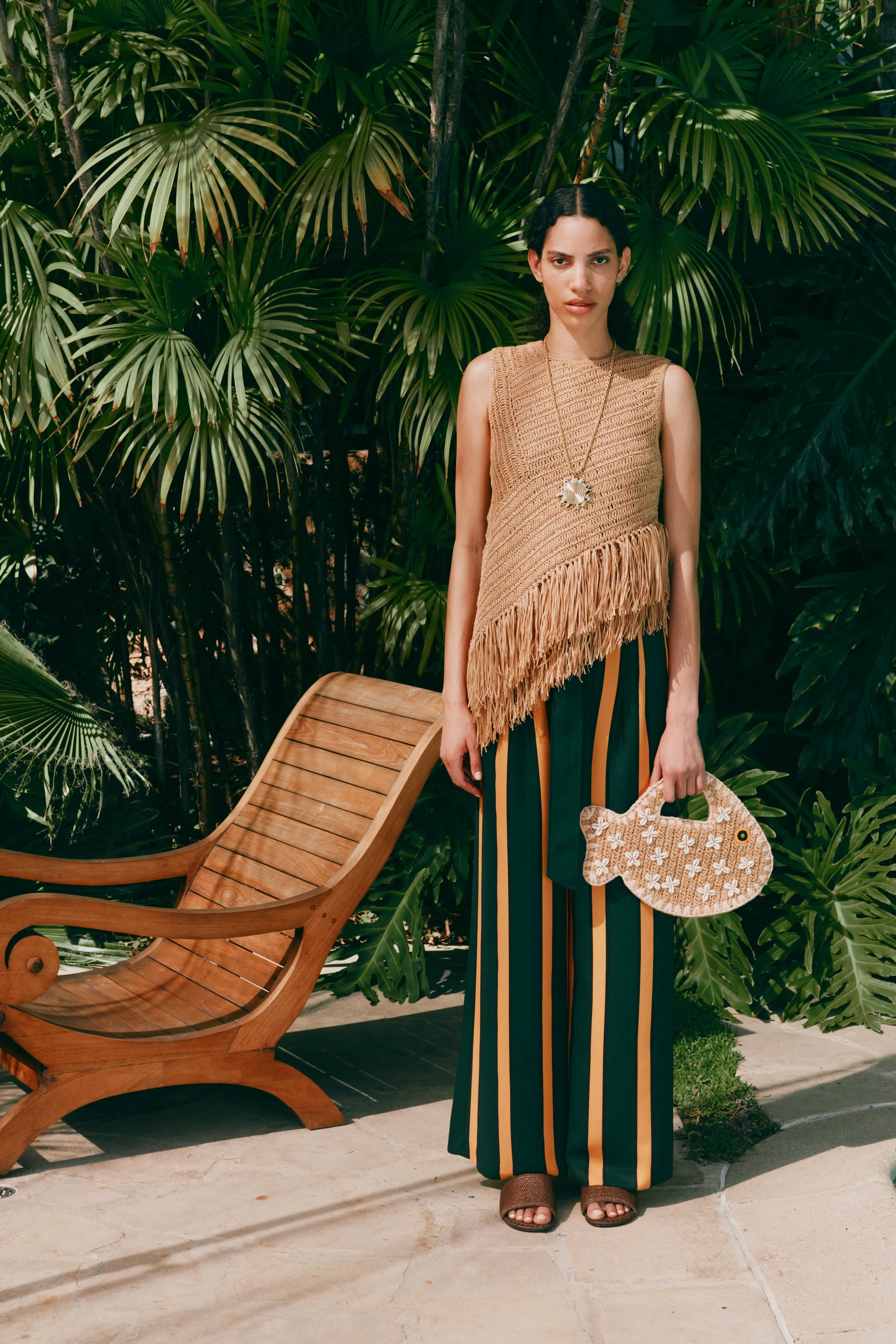 Alto Crepe Pant in Fern/Mustard Stripe sold by Simon Miller