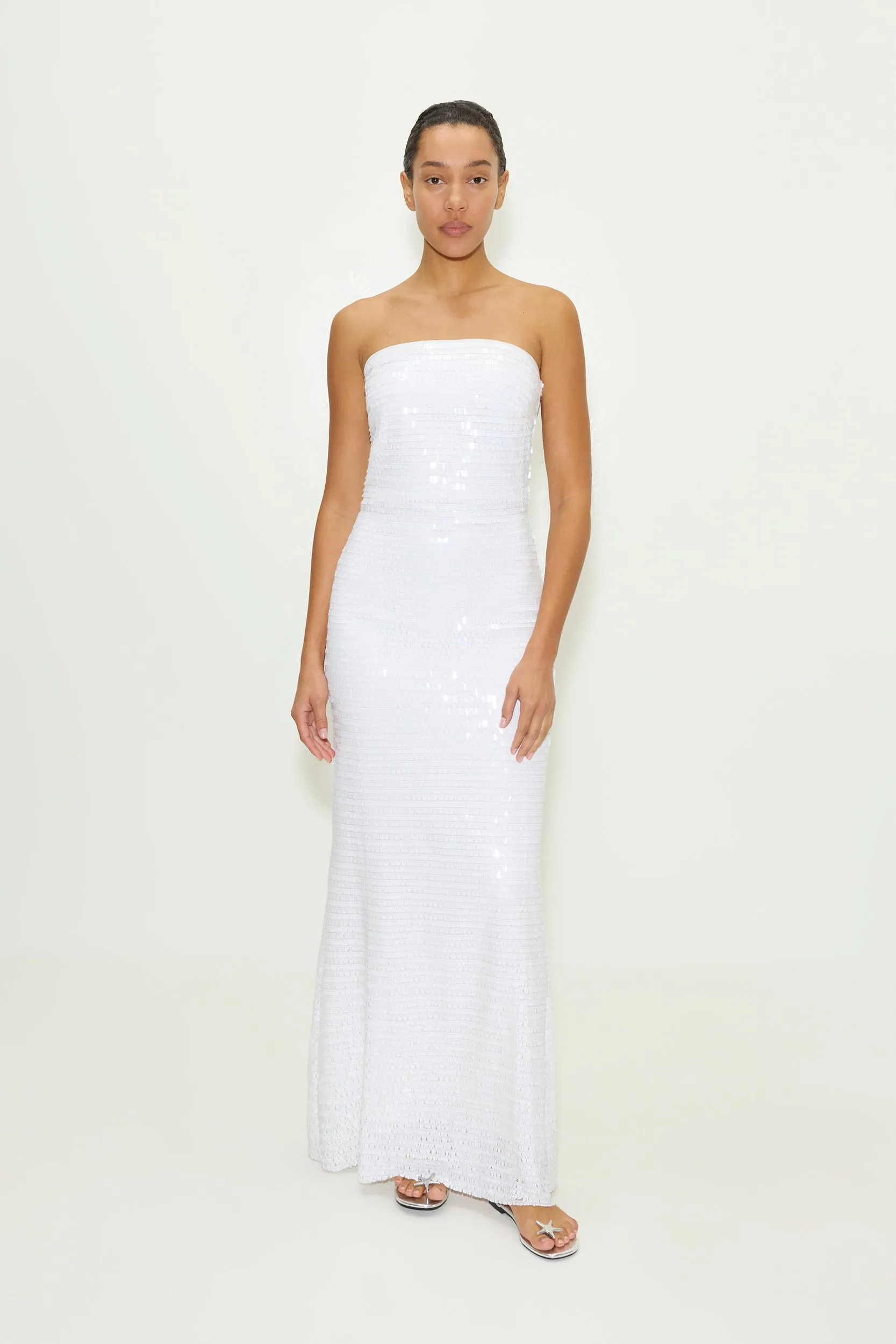 Sculpty Strapless Sequin Dress in Macadamia sold by Simon Miller