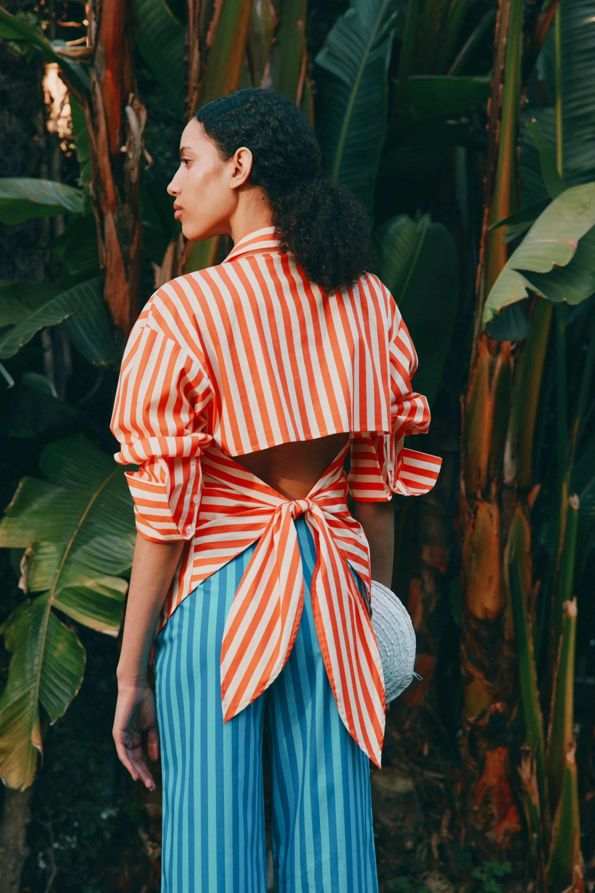 Loch Poplin Button Up In Coral Cabana Stripe sold by Simon Miller