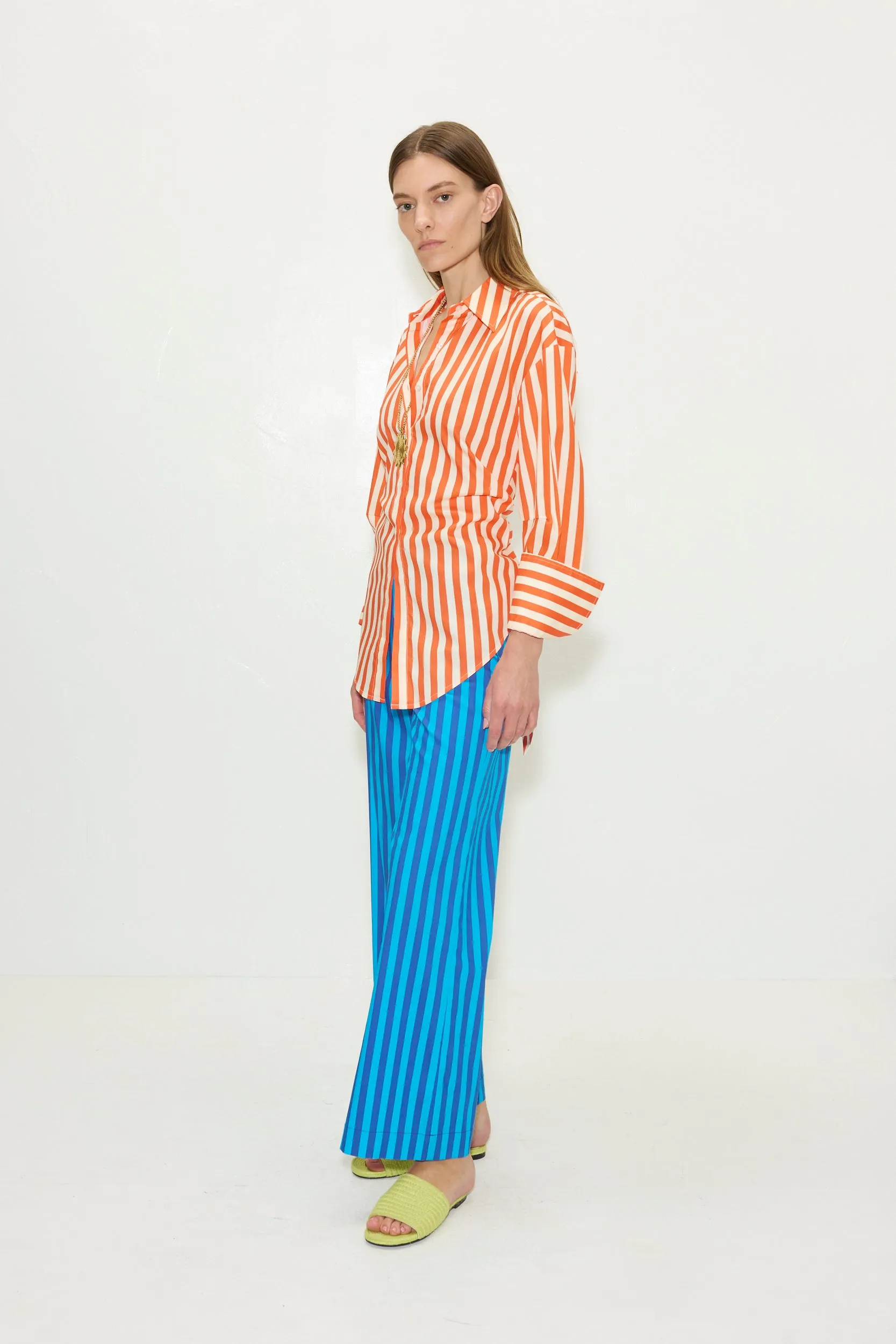 Loch Poplin Button Up In Coral Cabana Stripe sold by Simon Miller product image thumbnail 5
