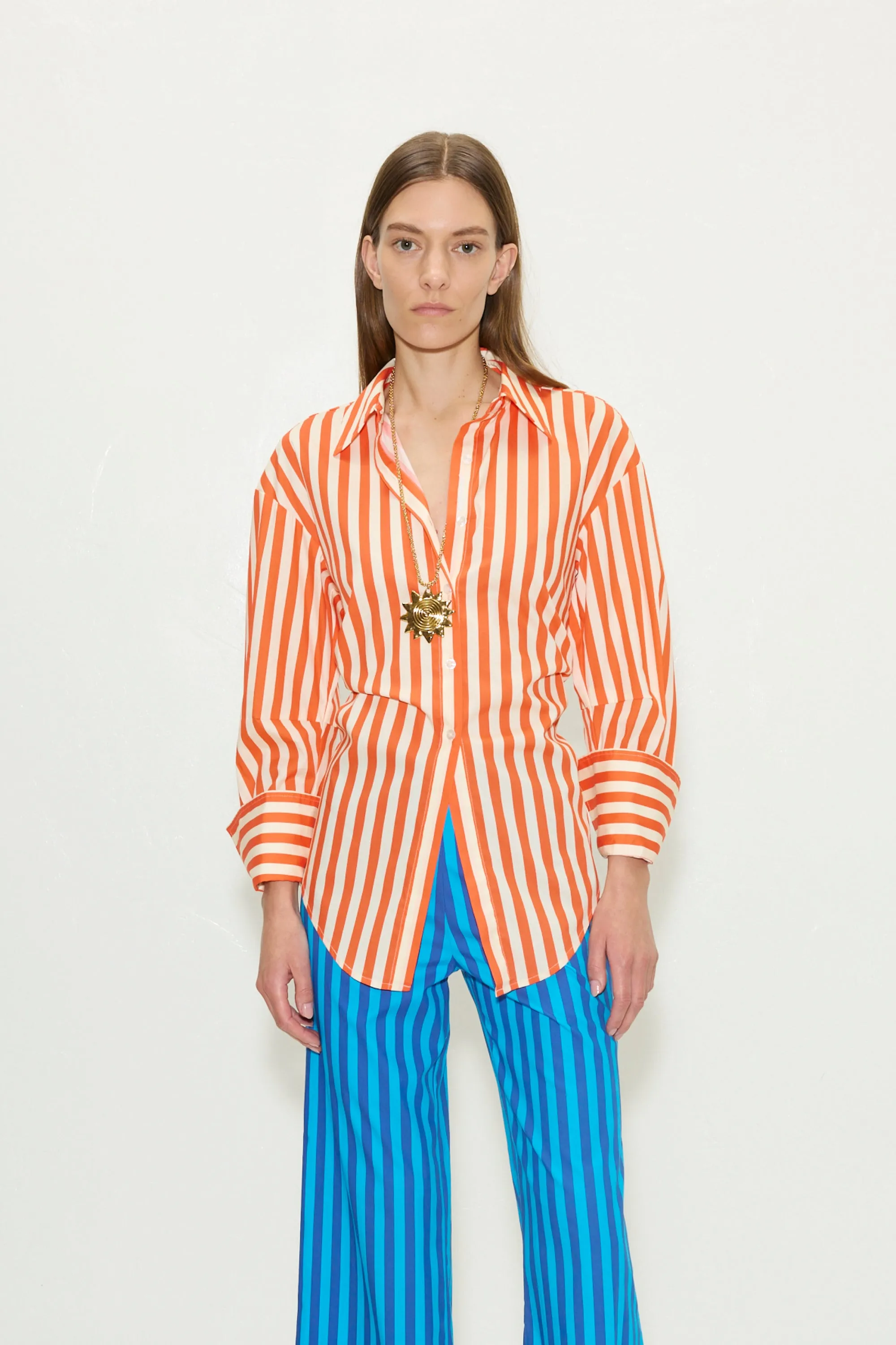 Loch Poplin Button Up In Coral Cabana Stripe sold by Simon Miller product image thumbnail 3