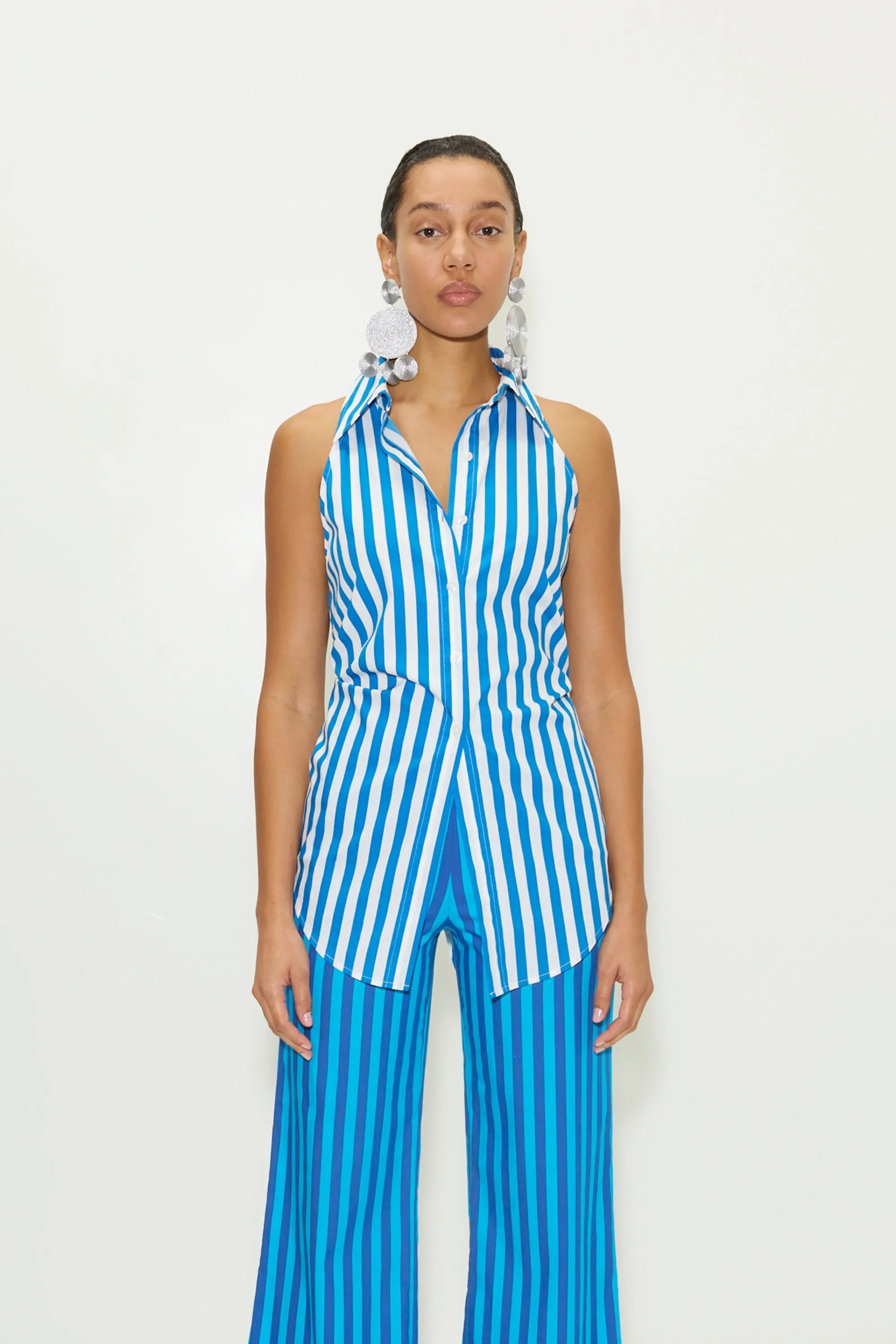 Loch Striped Sleeveless Poplin Button Up In Blue Stripe sold by Simon Miller product image thumbnail 3