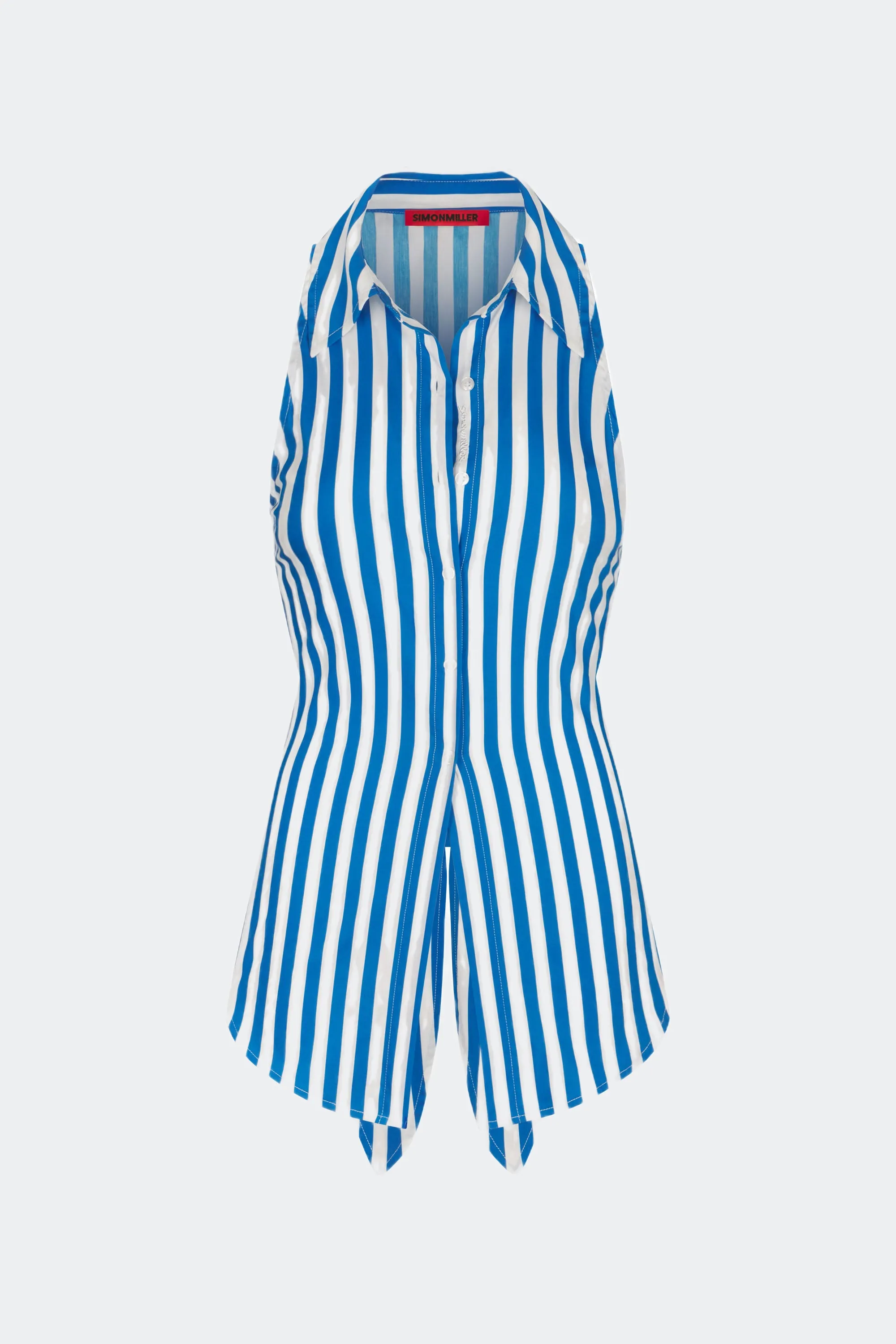 Loch Striped Sleeveless Poplin Button Up In Blue Stripe sold by Simon Miller