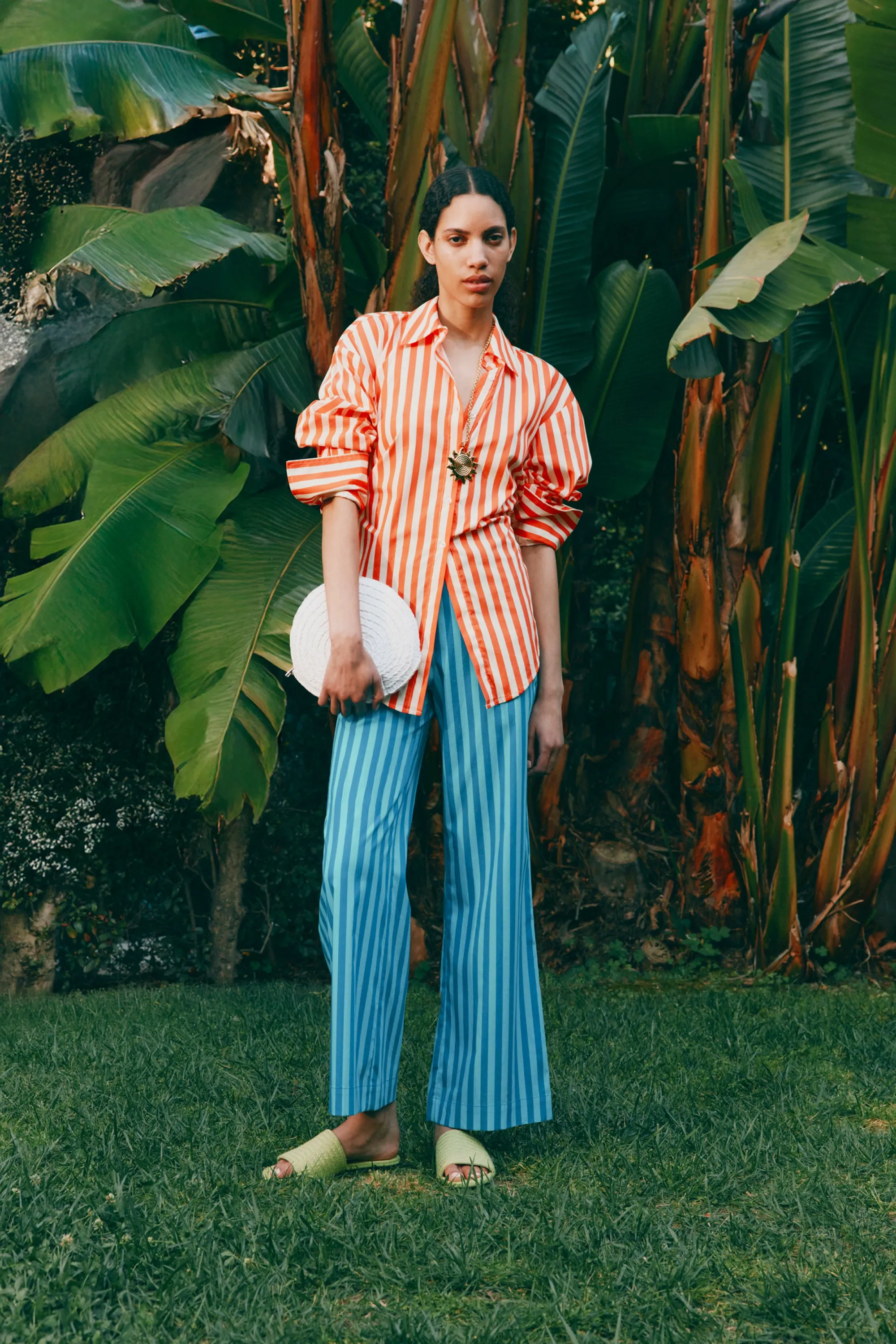 Pia Poplin Pant In Tonal Blue Stripe sold by Simon Miller