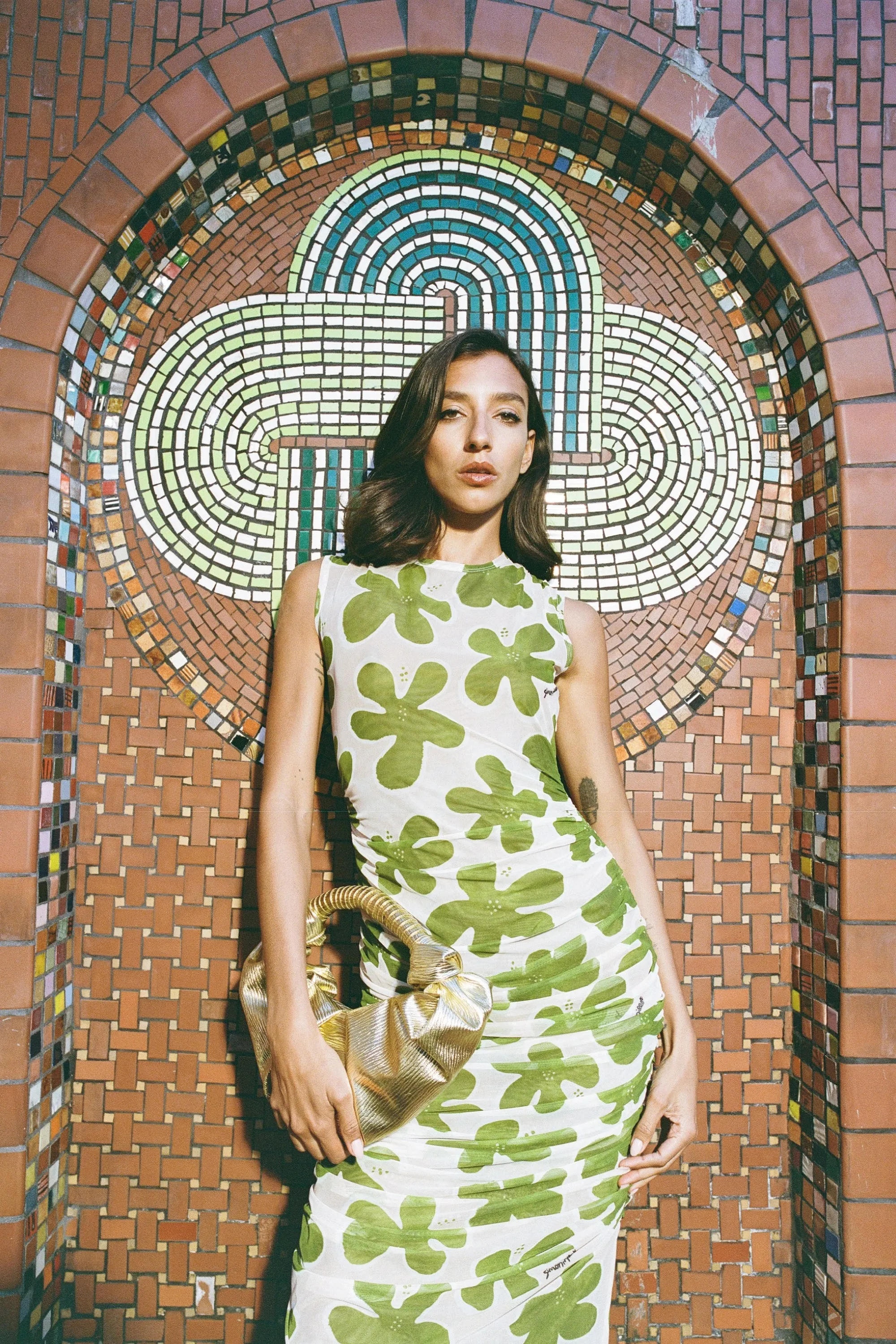 Tangier Printed Mesh Dress in Green/Seashell Floral | Parallel