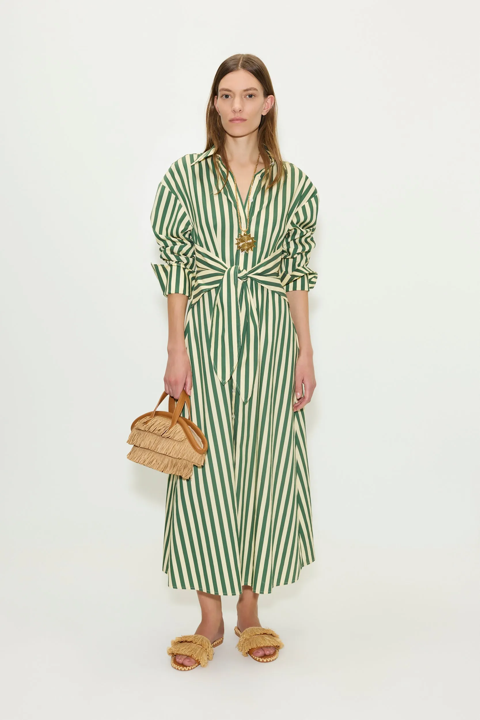 Loch Poplin Maxi Dress in Gummy Green/Ecru Stripe sold by Simon Miller