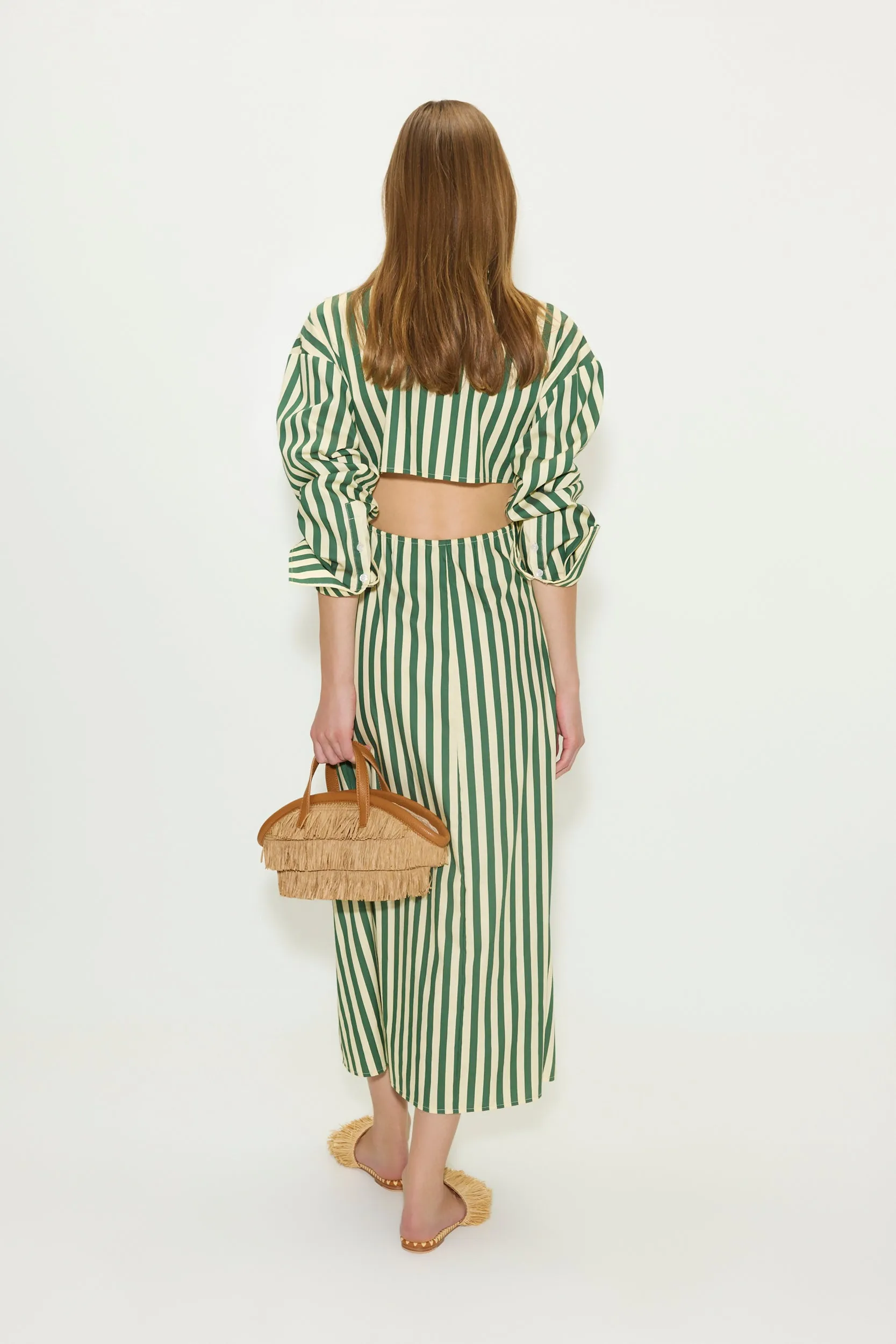 Loch Poplin Maxi Dress in Gummy Green/Ecru Stripe Parallel
