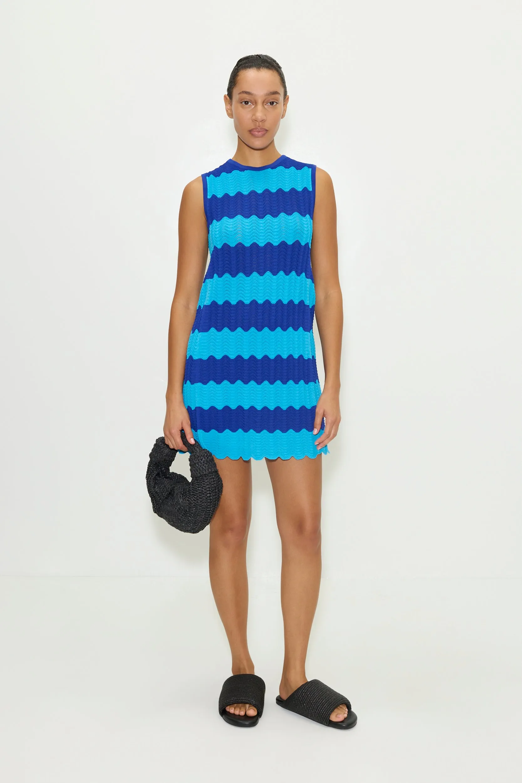 Moji Knit Mini Dress in Blue Tontal Wave Stripe sold by Simon Miller