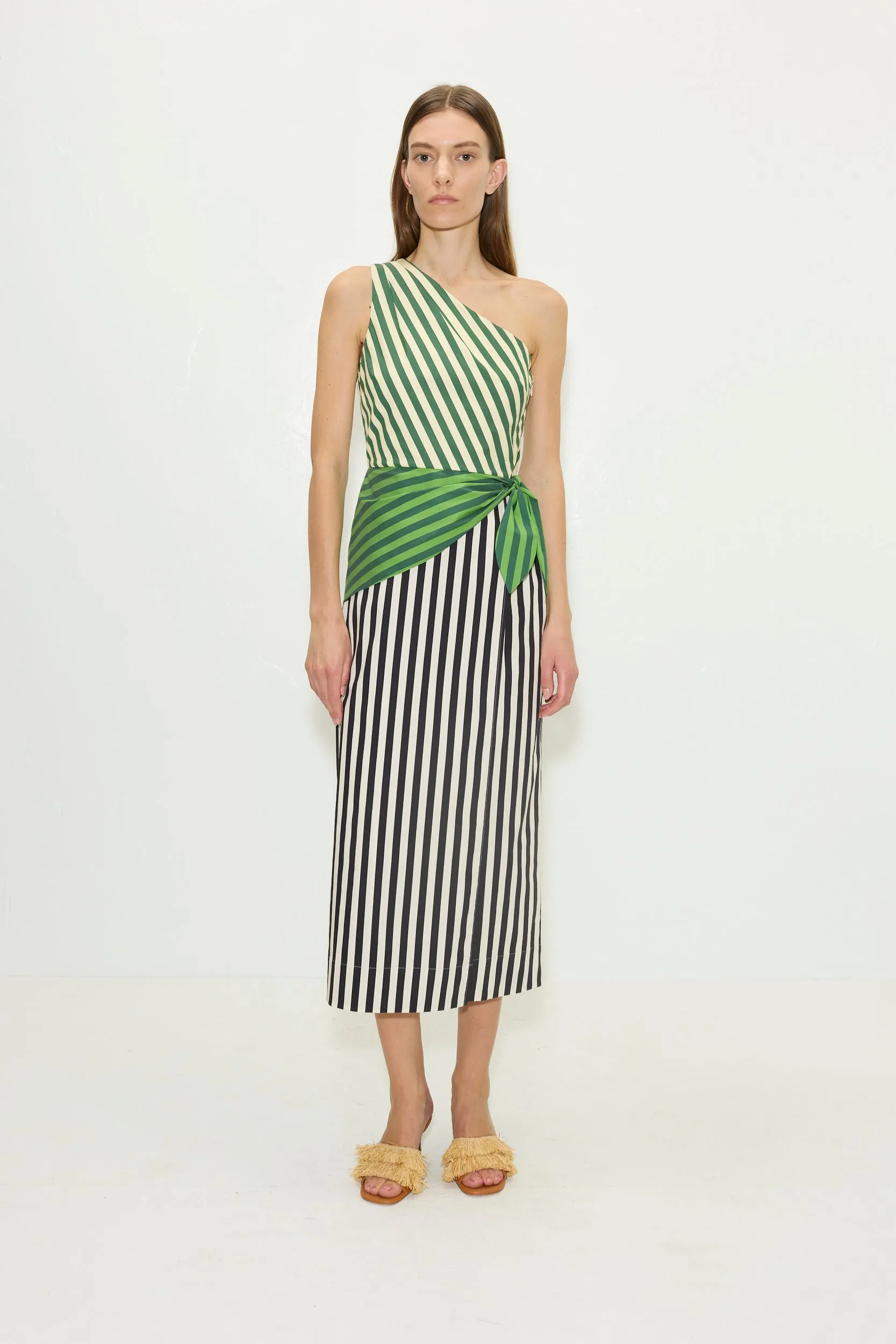 Belem Poplin Midi Dress in Green Multi Stripe Combo sold by Simon Miller