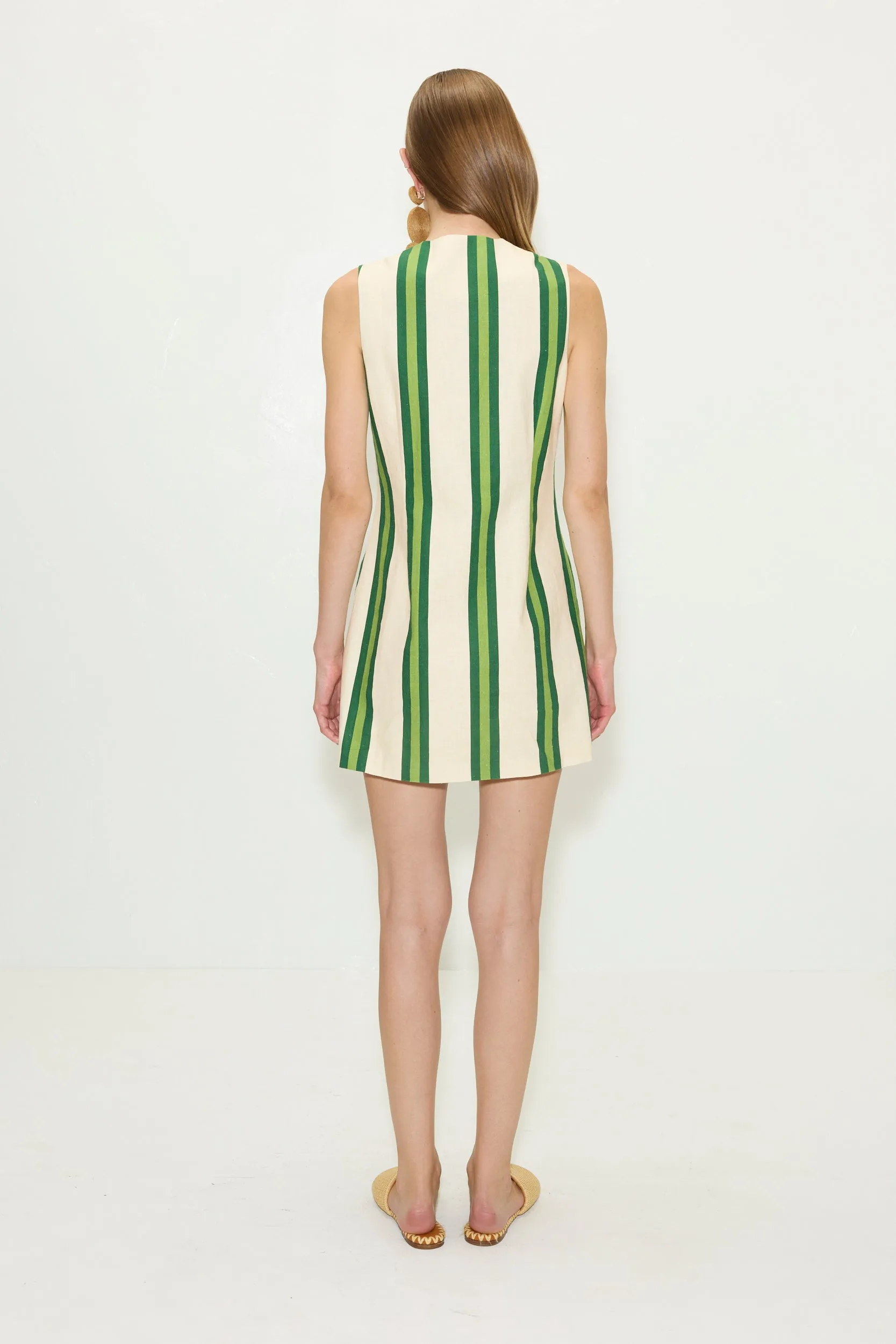 Carob Printed Linen Mini Dress in Cream/Green Stripe sold by Simon Miller product image thumbnail 2