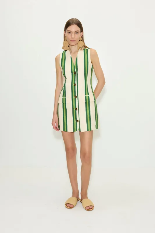 Carob Printed Linen Mini Dress in Cream/Green Stripe sold by Simon Miller