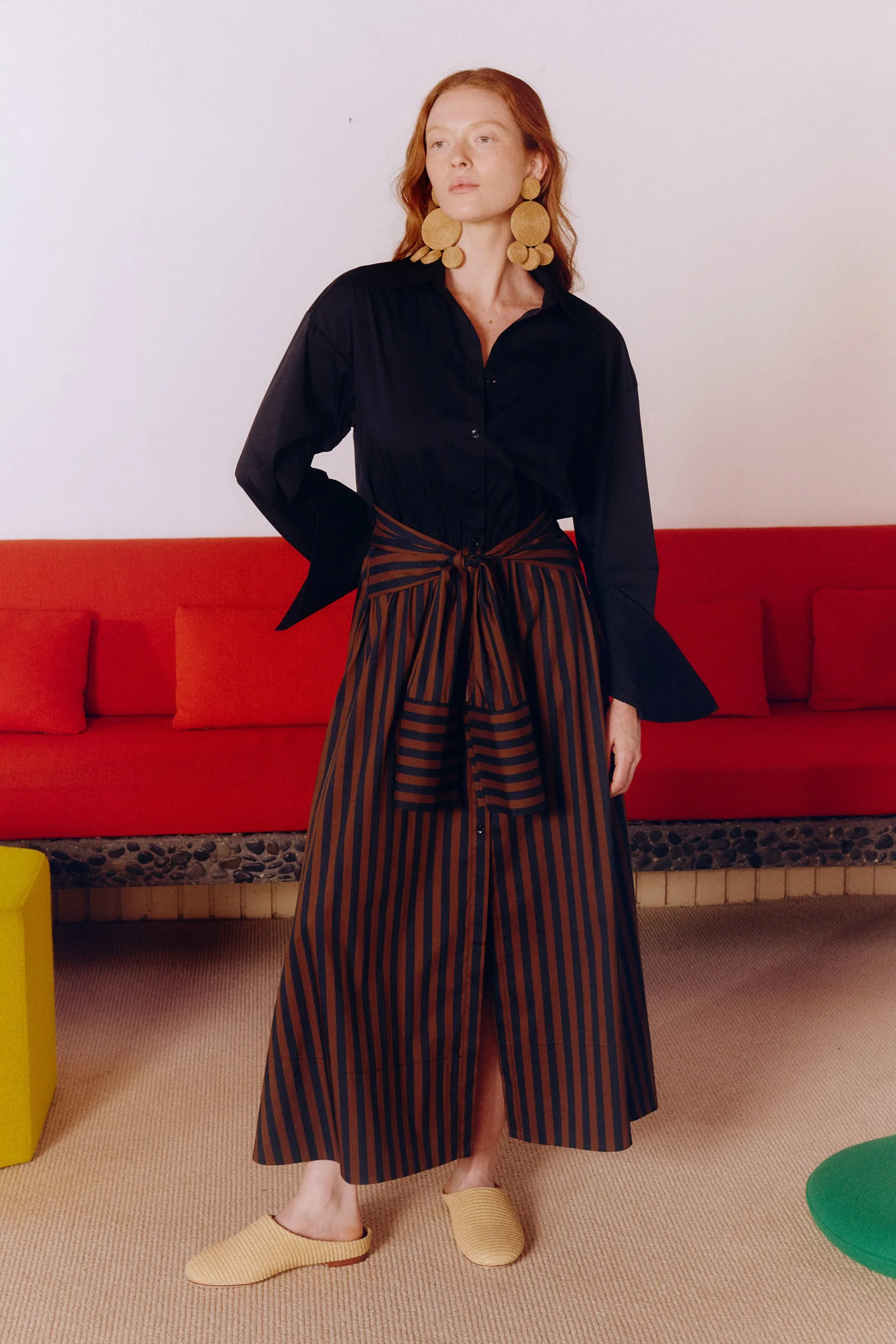 Inna Poplin Maxi Dress In Black/Choco Brown Stripe sold by Simon Miller