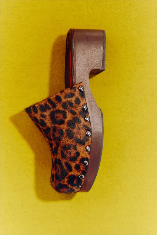 Rio Wood Clog In Choco Brown Leopard sold by Simon Miller