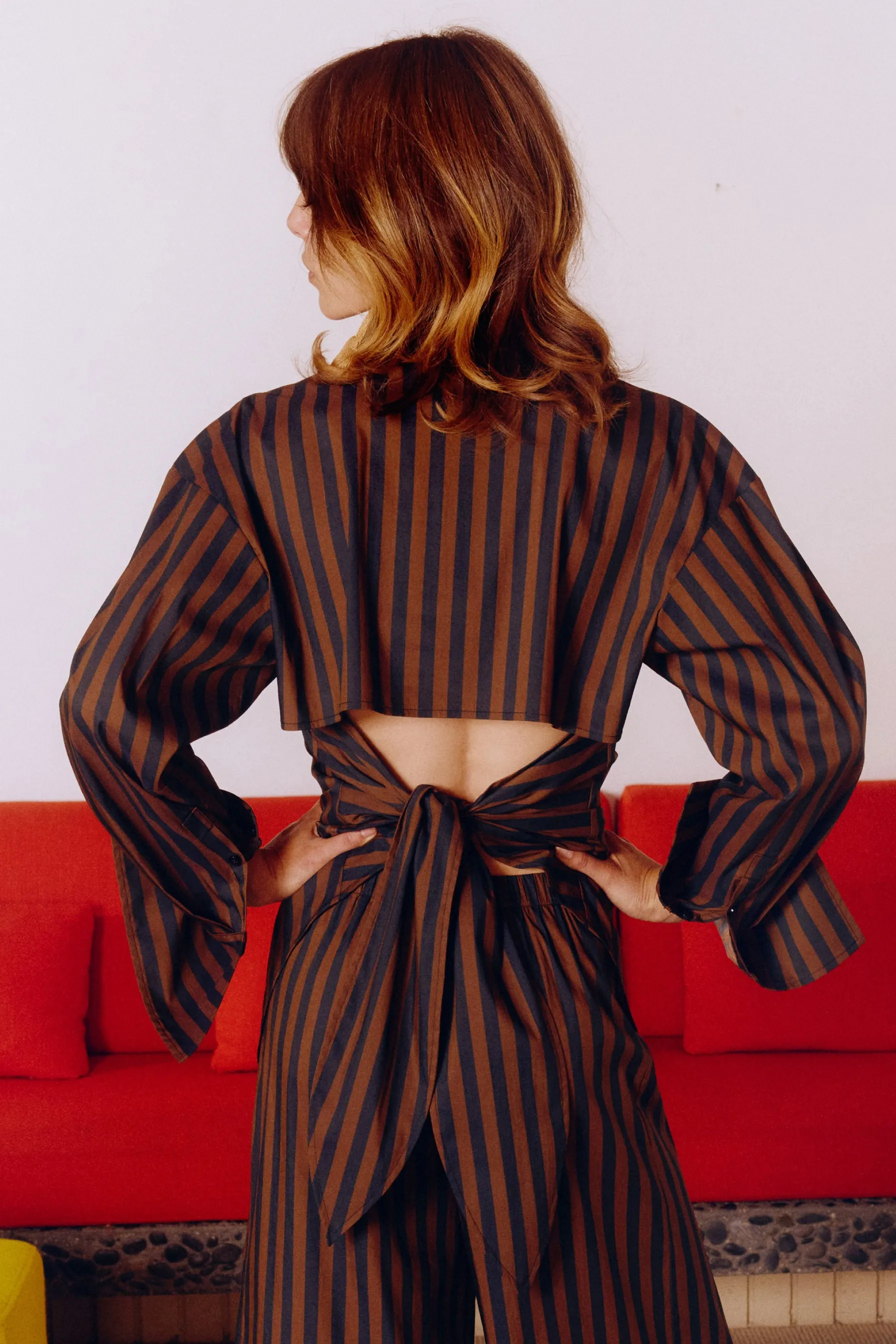 Loch Poplin Button Up In Black/Choco Brown Stripe sold by Simon Miller