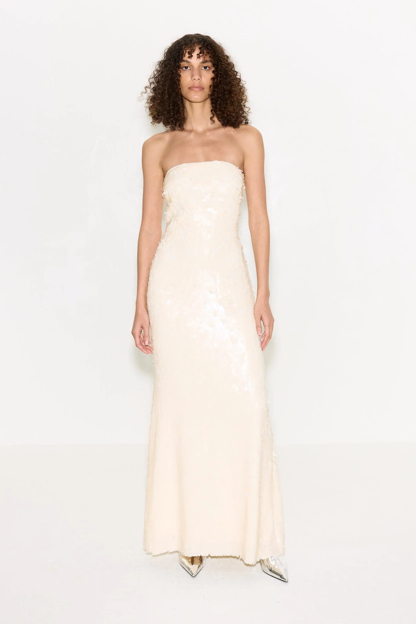 Sculpty Strapless Sequin Dress In Bone sold by Simon Miller