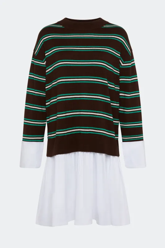 Pip Poplin Combo Dress In Brown/Zingy Green Stripe & Macadamia sold by Simon Miller