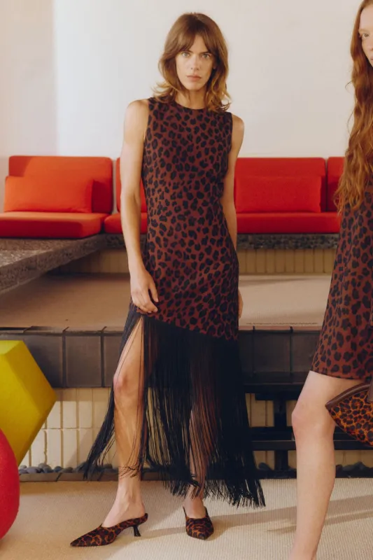 CASABLANCA CREPE FRINGE DRESS IN CHOCO BROWN LEOPARD sold by Simon Miller