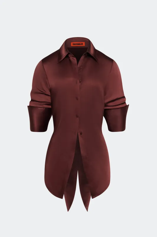 Loch Satin Button Up In Choco Brown sold by Simon Miller
