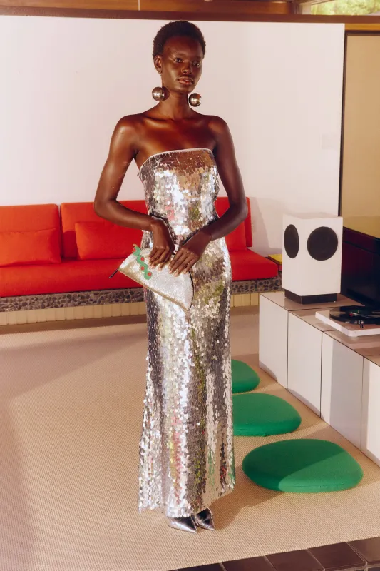 Sculpty Strapless Sequin Dress In Satellite Silver sold by Simon Miller