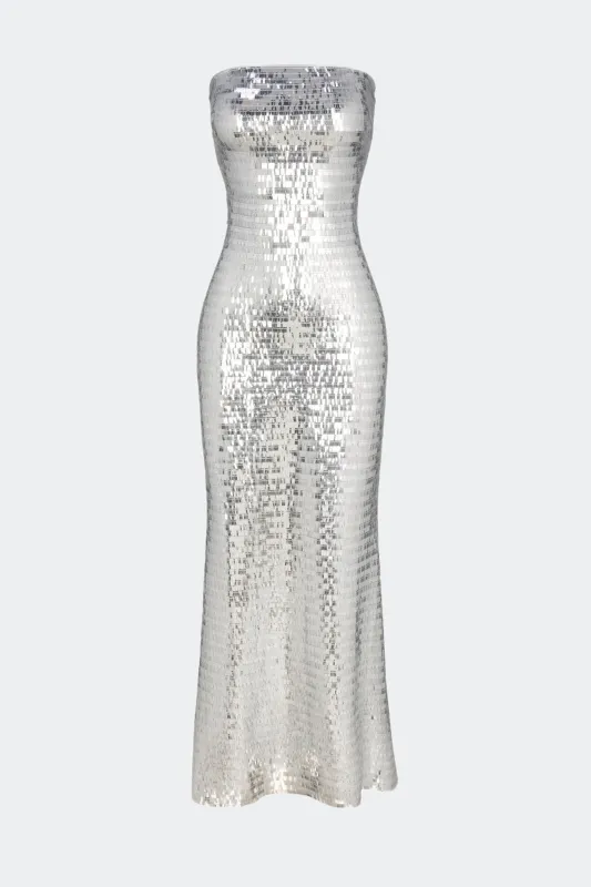 Sculpty Strapless Piano Sequin Dress (Archive) In Satellite Silver sold by Simon Miller