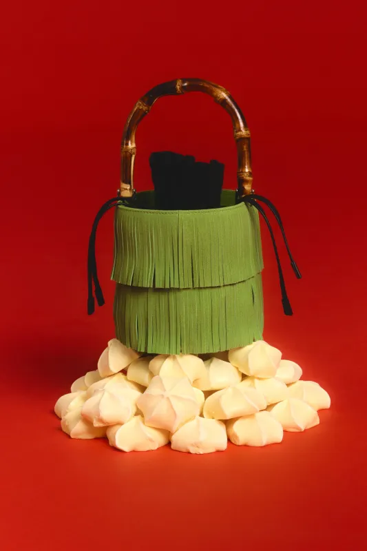 Tiki Fringe Suede Bag In Moss Green sold by Simon Miller
