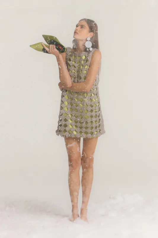 Sina Crochet Mini Dress In Moss/Satellite Silver sold by Simon Miller