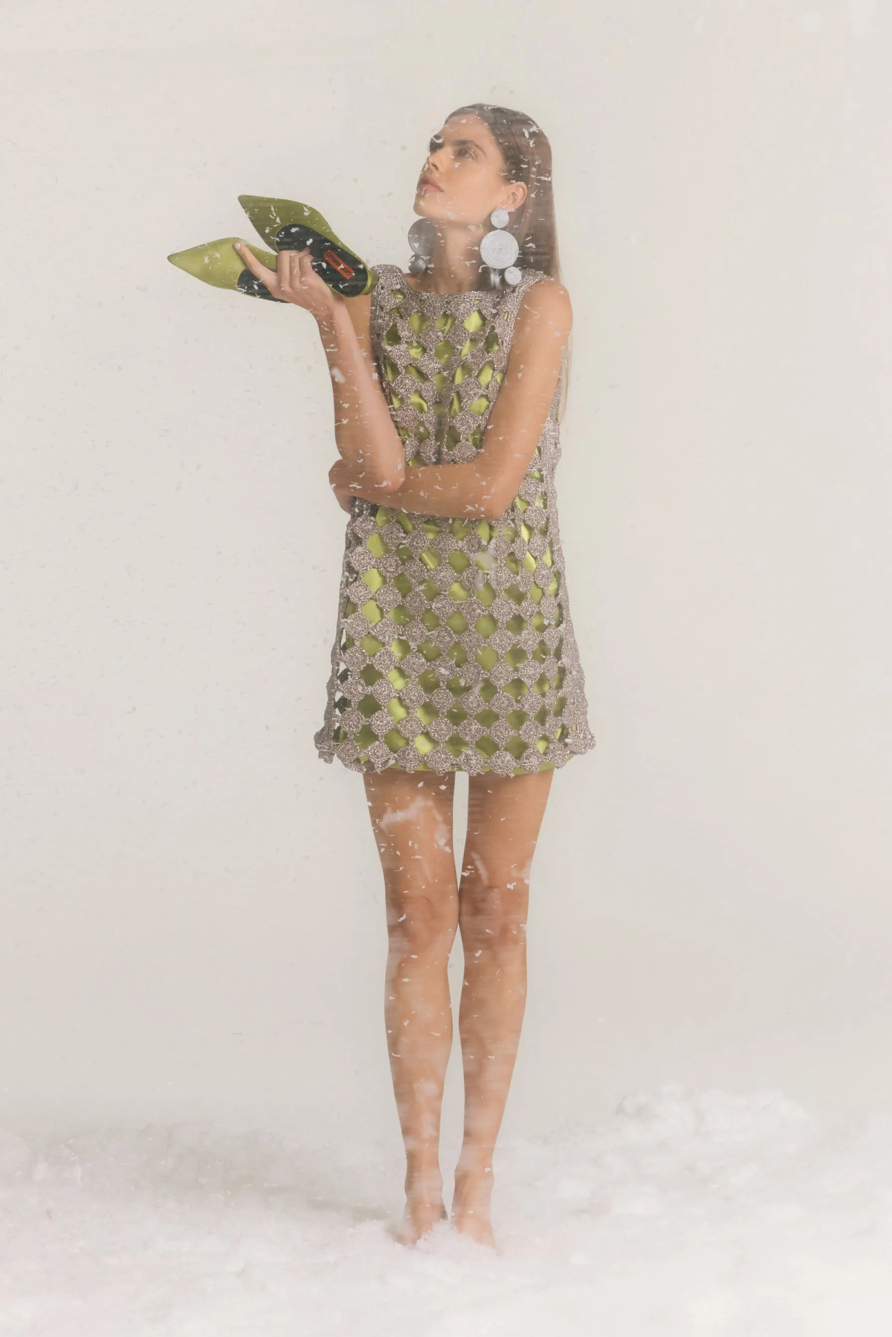 Sina Crochet Mini Dress In Moss/Satellite Silver sold by Simon Miller