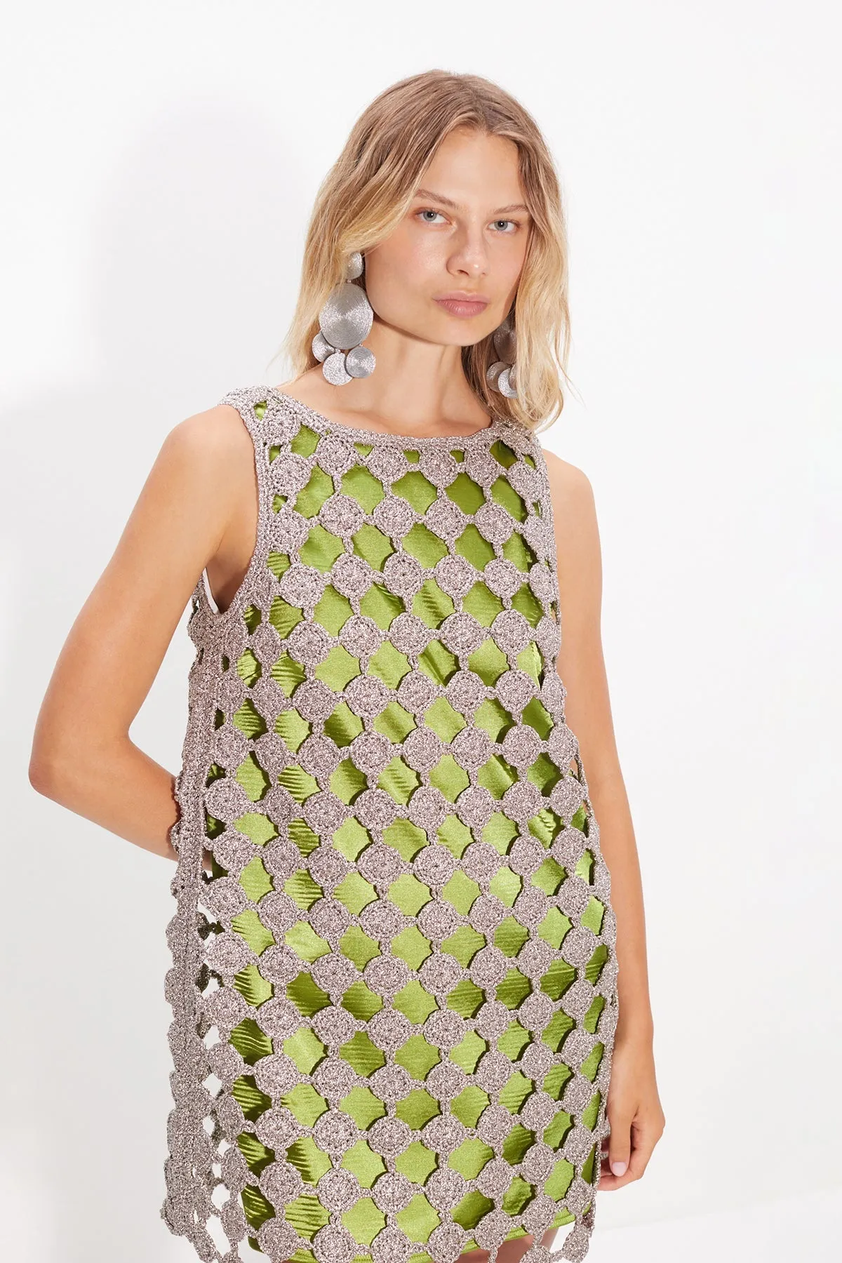 Sina Crochet Mini Dress In Moss/Satellite Silver sold by Simon Miller product image thumbnail 4
