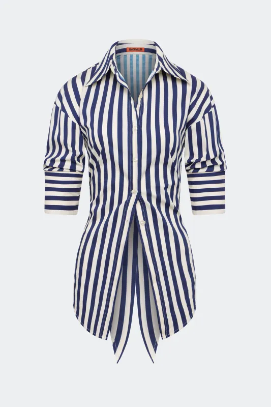 Loch Poplin Button Up In Navy/Cream Stripe sold by Simon Miller