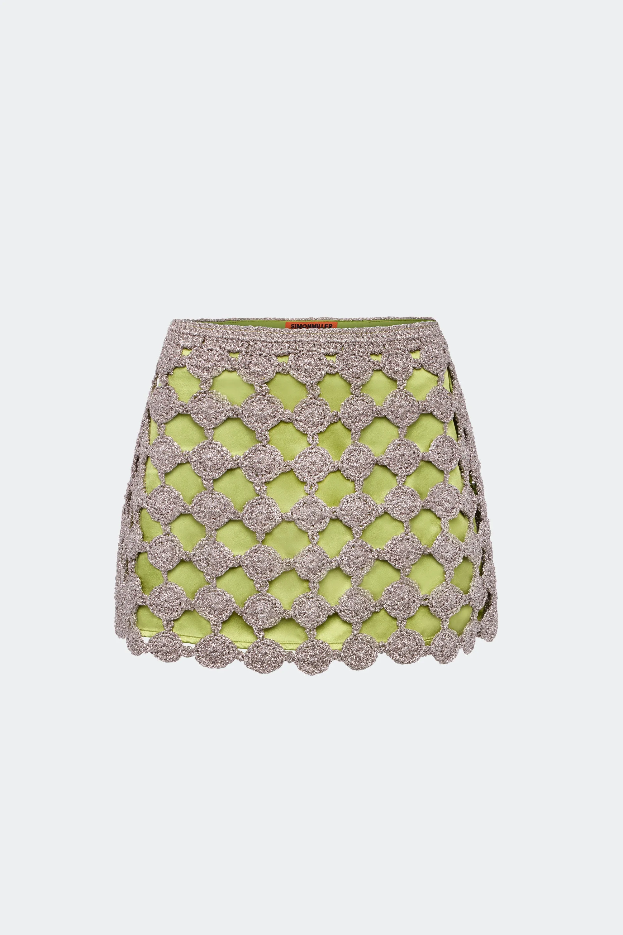 Zera Crochet Mini Skirt In Moss/Satellite Silver sold by Simon Miller