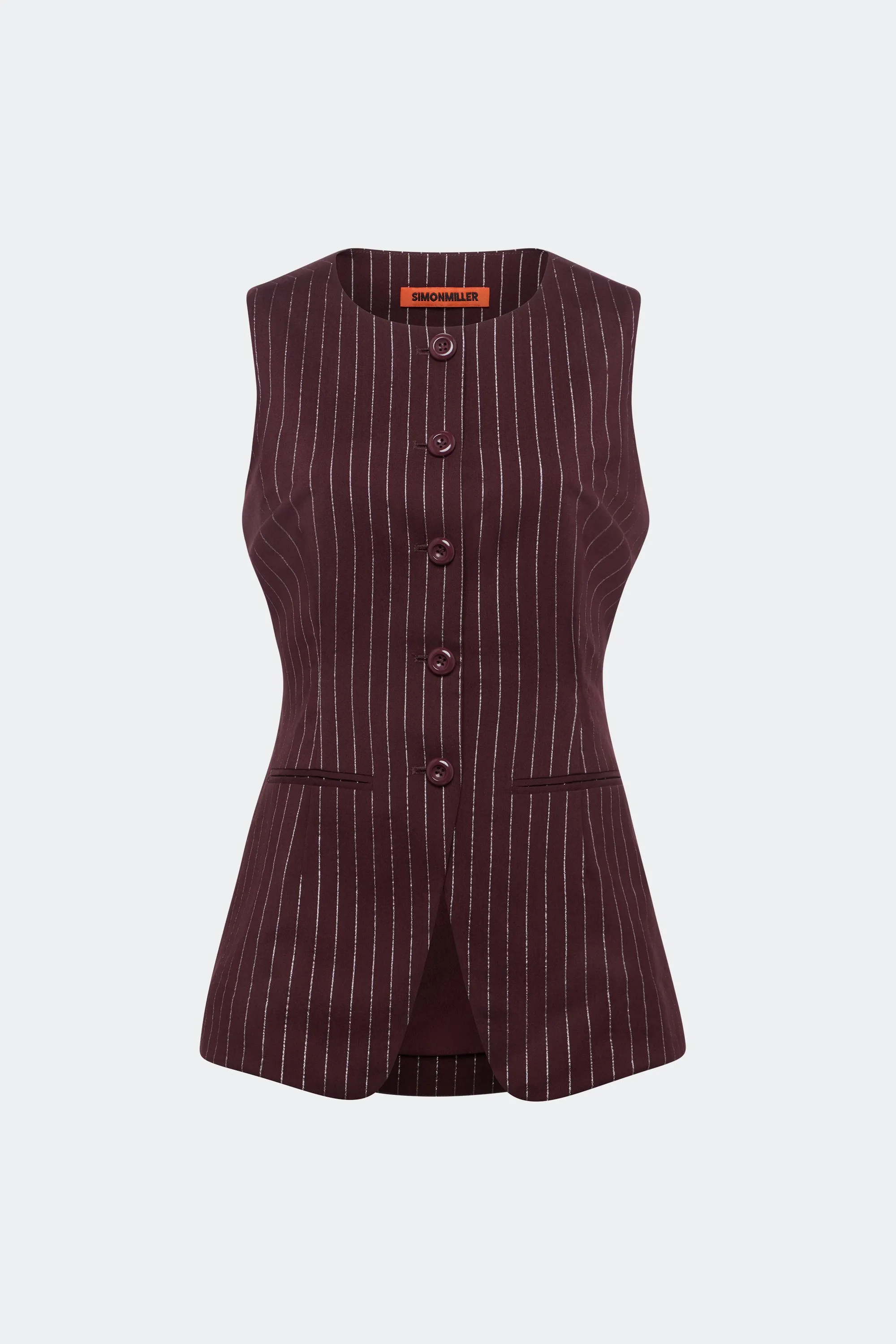 Del Mar Vest In Bordeaux Metallic Pinstripe sold by Simon Miller