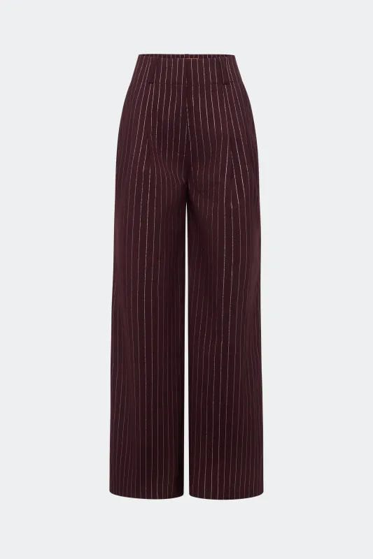 Bloo Pinstripe Pant In Bordeaux Metallic Pinstripe made by Simon Miller