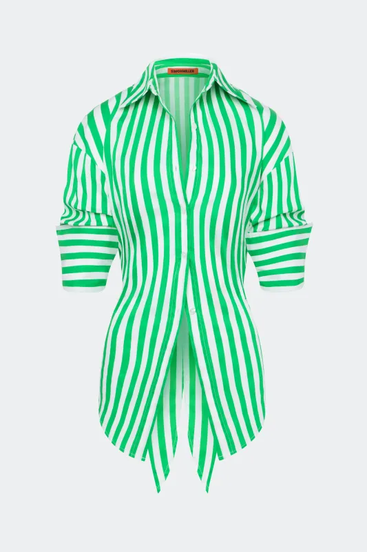 Loch Poplin Button Up In Grass Green/Macadamia sold by Simon Miller