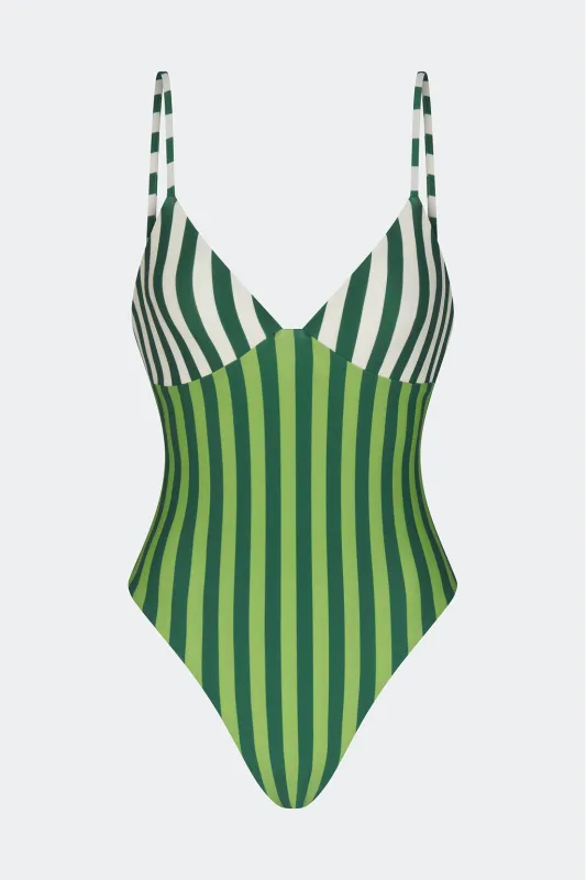 Behati One Piece In Green Stripe Combo sold by Simon Miller