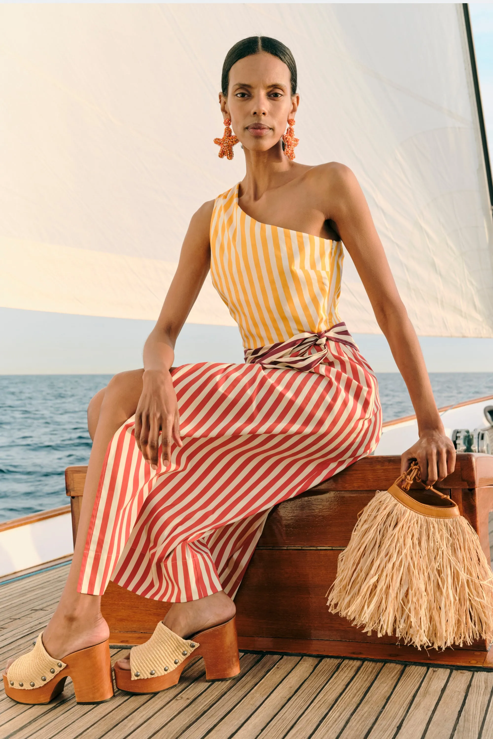 Belem Poplin Midi Dress in Red Stripe Combo sold by Simon Miller