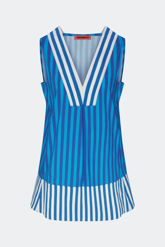 Mar Poplin Mini Dress in Tonal Blue Combo sold by Simon Miller