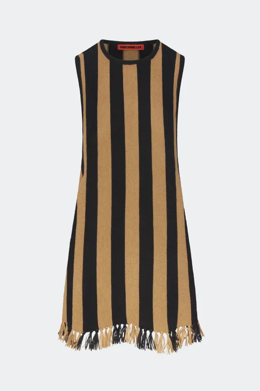 Moji Stripe Tassel Mini Dress in Black/Natural Combo sold by Simon Miller