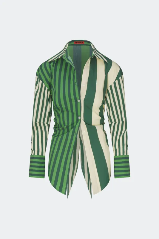 Loch Poplin Button Up in Green Stripe Combo made by Simon Miller