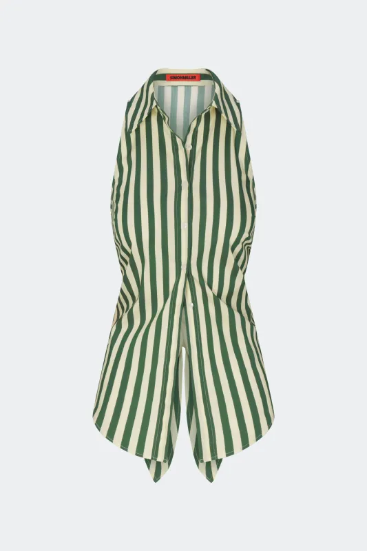 Loch Sleeveless Poplin Button Up in Gummy Green/Ecru sold by Simon Miller