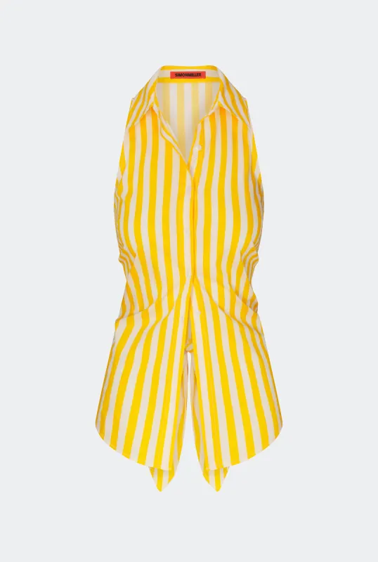 Loch Sleeveless Poplin Button Up in Sungold/Ecru Stripe sold by Simon Miller