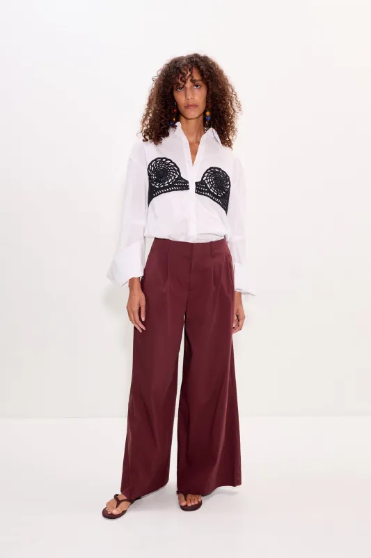 Maren Poplin Crochet Button Up in Macadamia made by Simon Miller