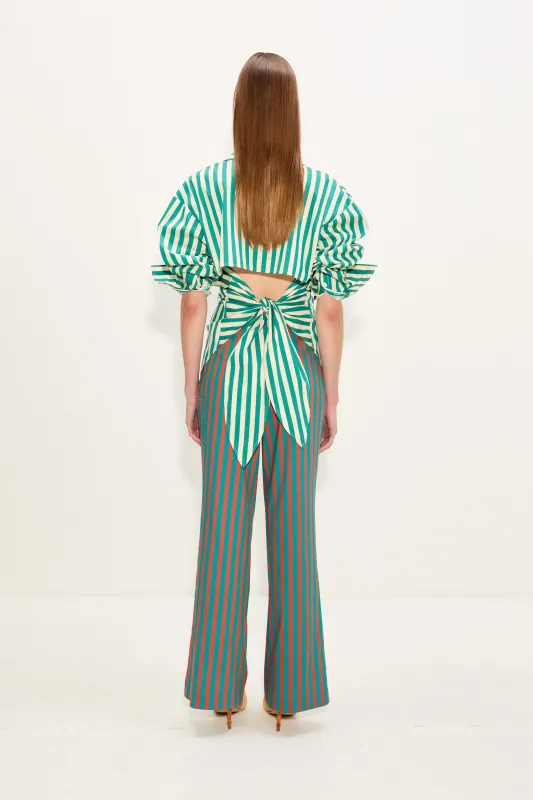Loch Poplin Button Up In Teal/Cream Stripe made by Simon Miller