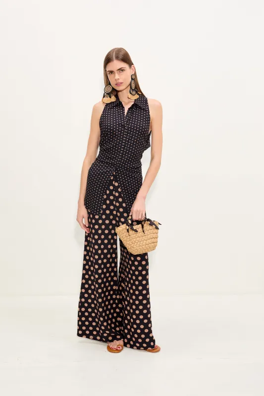 Loch Sleeveless Crepe Button Up In Black/Tan Polka Dot made by Simon Miller