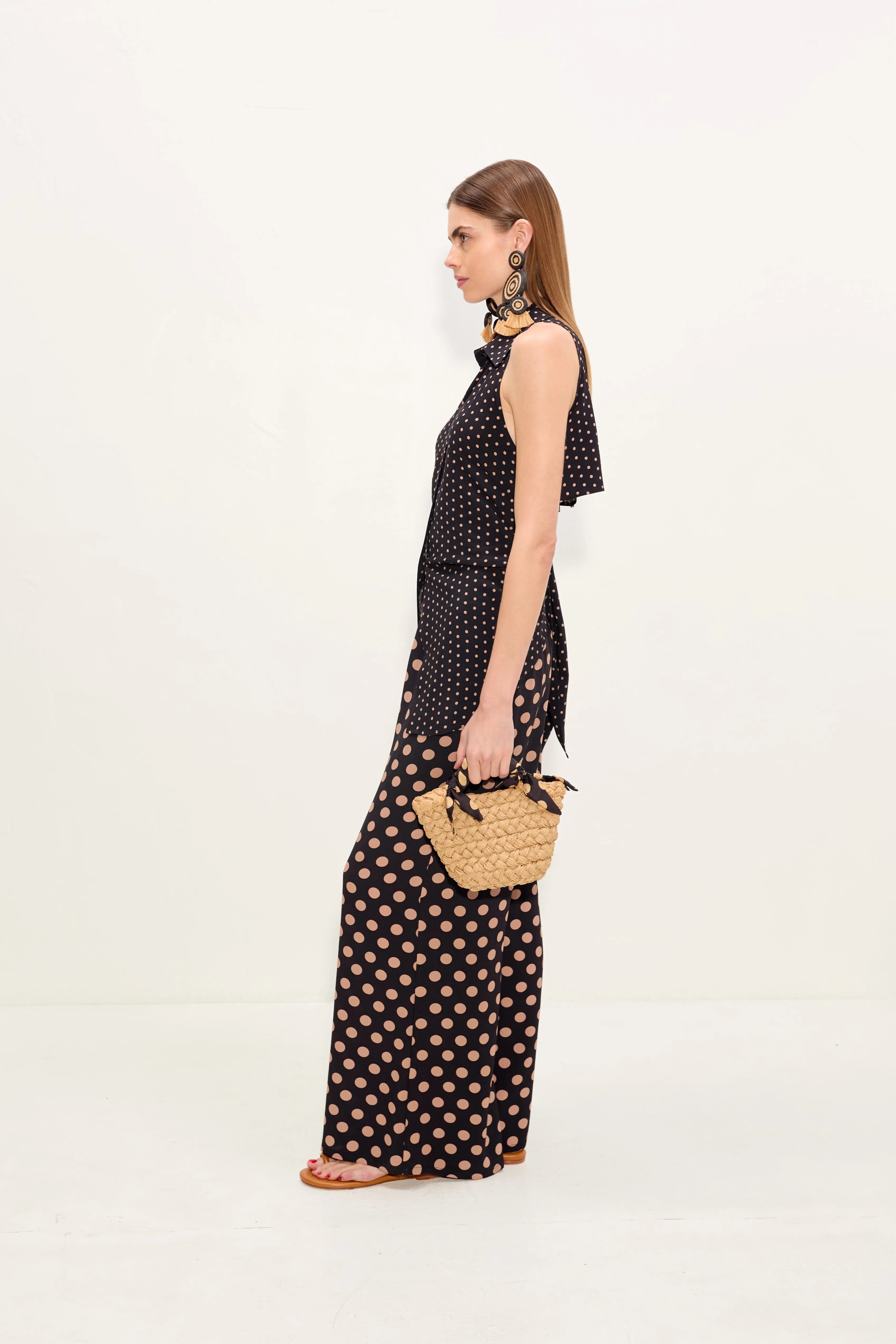 Loch Sleeveless Crepe Button Up In Black/Tan Polka Dot sold by Simon Miller product image thumbnail 3