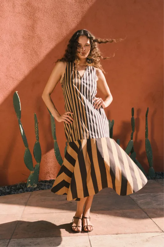 Celeste Poplin Dress In Black/Tan Stripe Combo made by Simon Miller