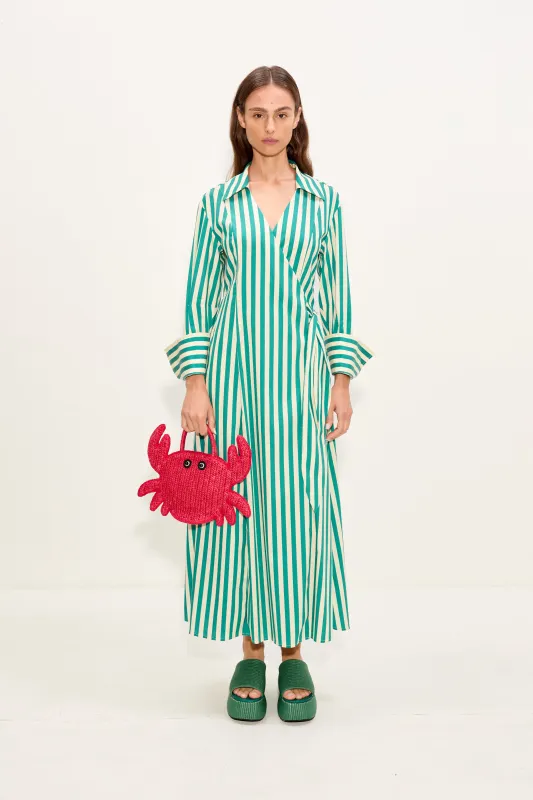 Anya Poplin Wrap Dress In Teal/Cream Stripe made by Simon Miller