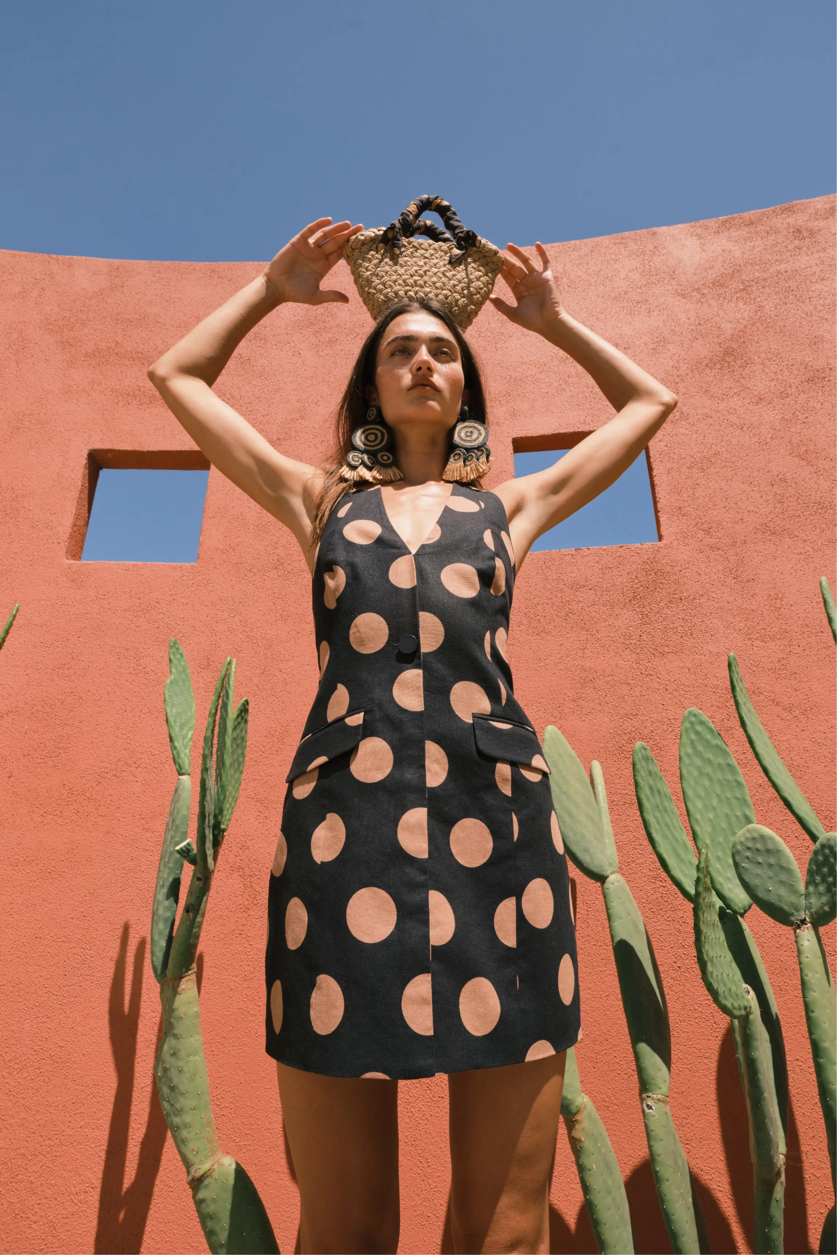Kirra Linen Mini Dress In Black/Tan Polka Dot sold by Simon Miller