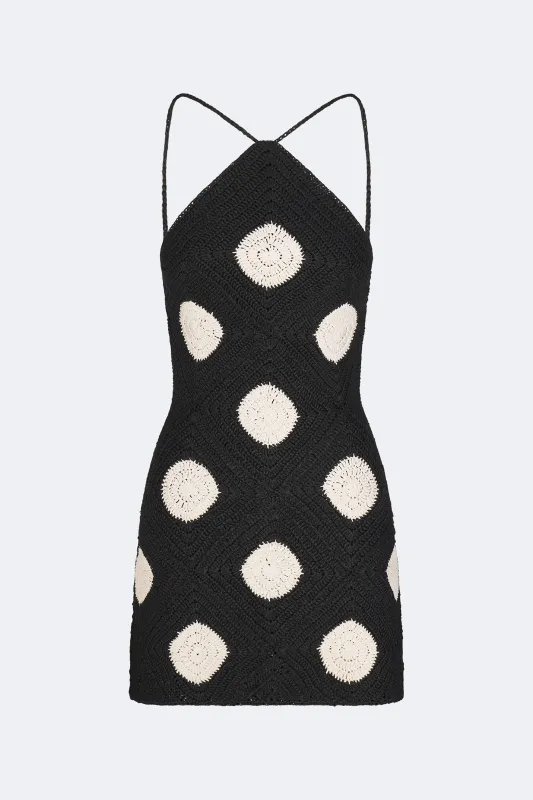 Kit Crochet Mini Dress In Black/Macadamia Polka Dot made by Simon Miller